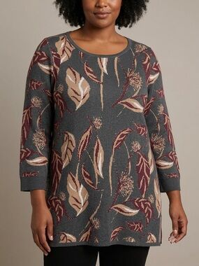 Chico's Knit Domain Leaf Design Pullover Tunic Sweater.